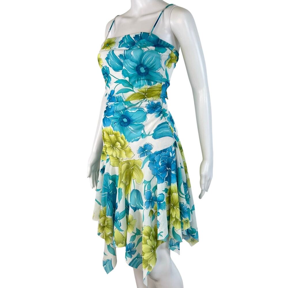 Vintage Y2K Wrapper Green Blue Floral Asymmetrical Hem Fairycore Beachy Dress M